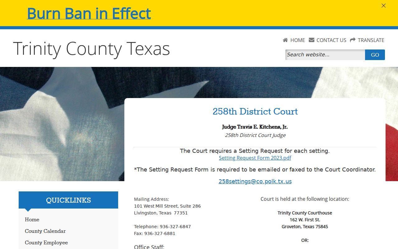 Official 258th District Court page used to route Trinity County court record requests