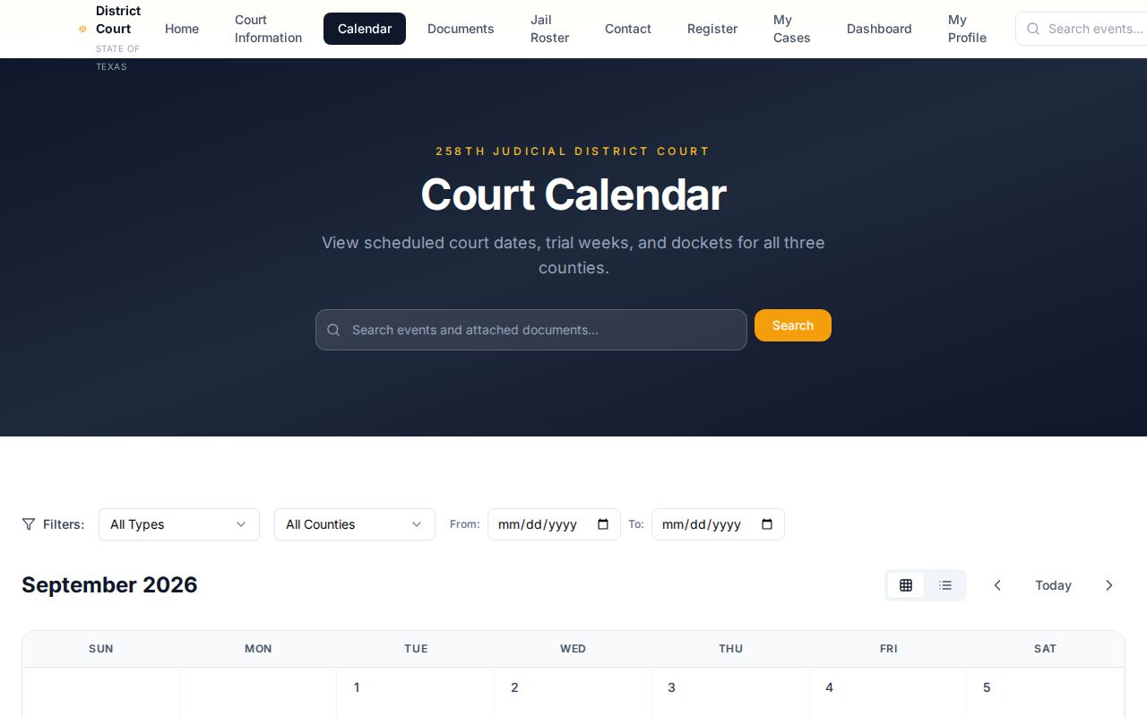 Official 258th Judicial District Court calendar interface used for Trinity County settings