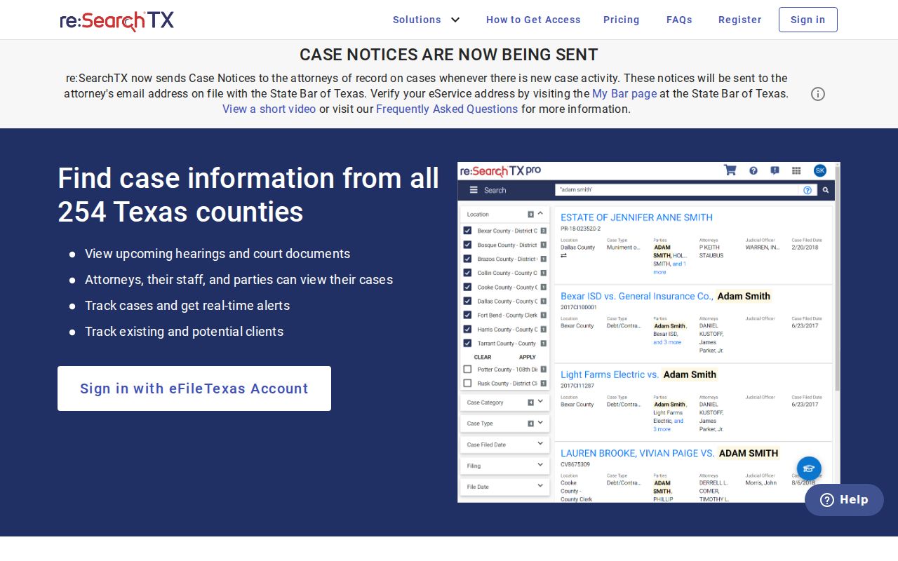 re:SearchTX login used for covered Trinity County case lookup