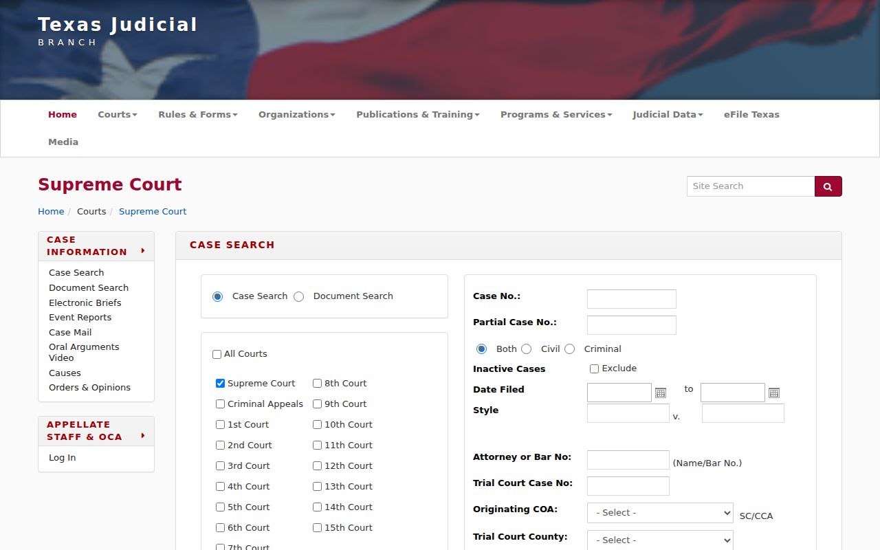 TAMES appellate search fields for a Trinity County appeal