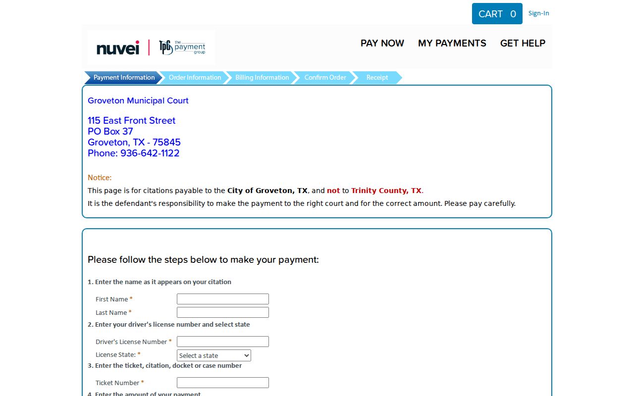 Groveton traffic ticket invoice payment page