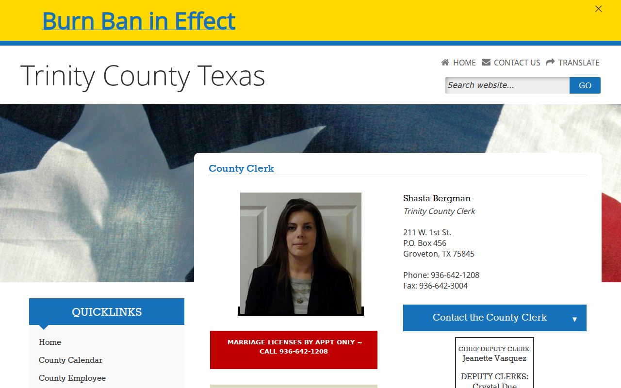 Trinity County court docket County Clerk records page