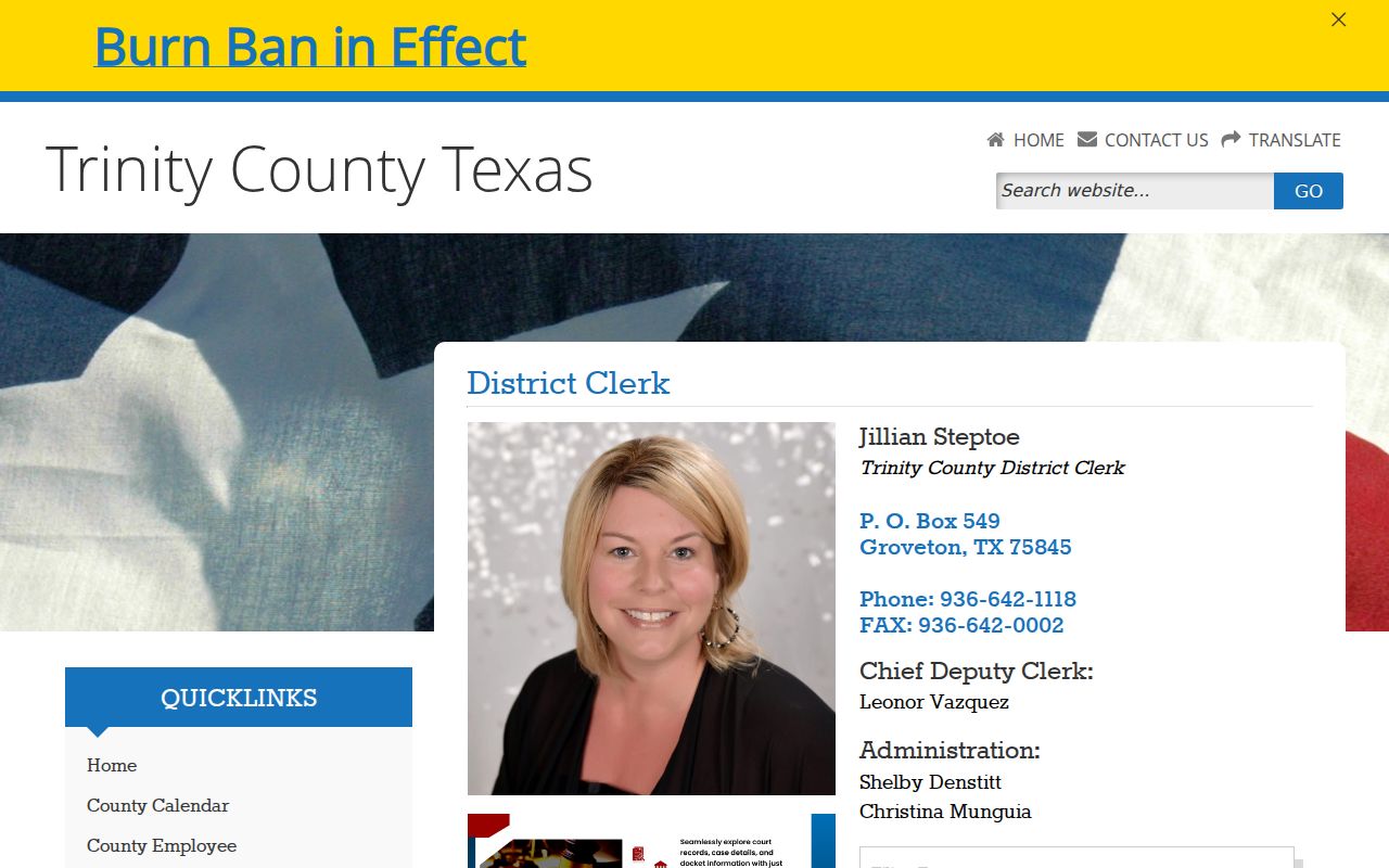 Trinity County court docket District Clerk records page